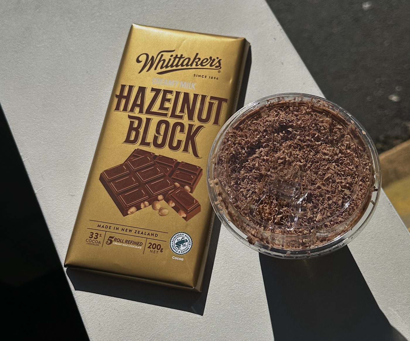 Relaxed Espresso hazelnut cold foam content shot with Whittaker's chocolate