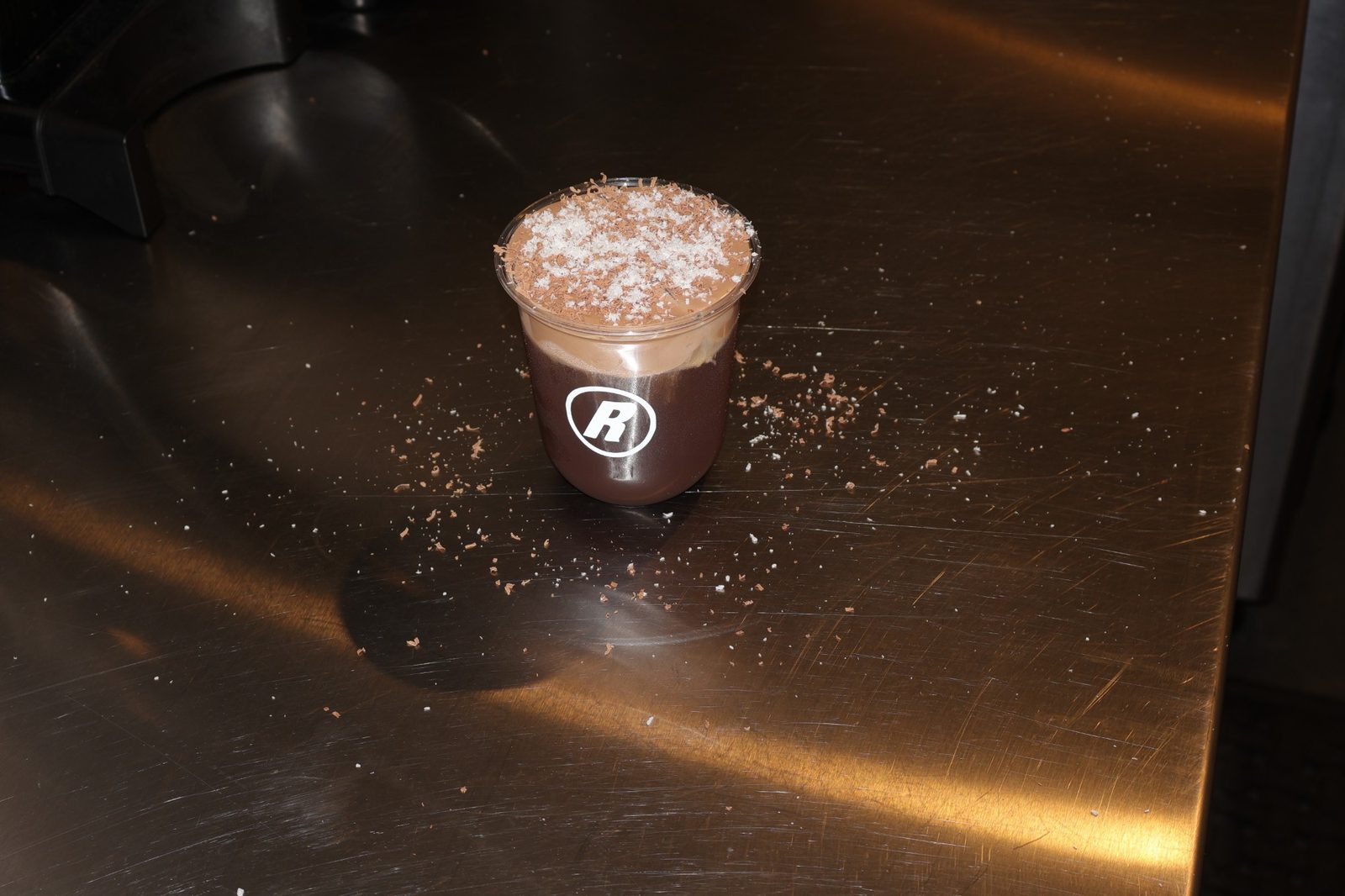 Finished Relaxed Espresso iced chocolate with shaved chocolate and coconut